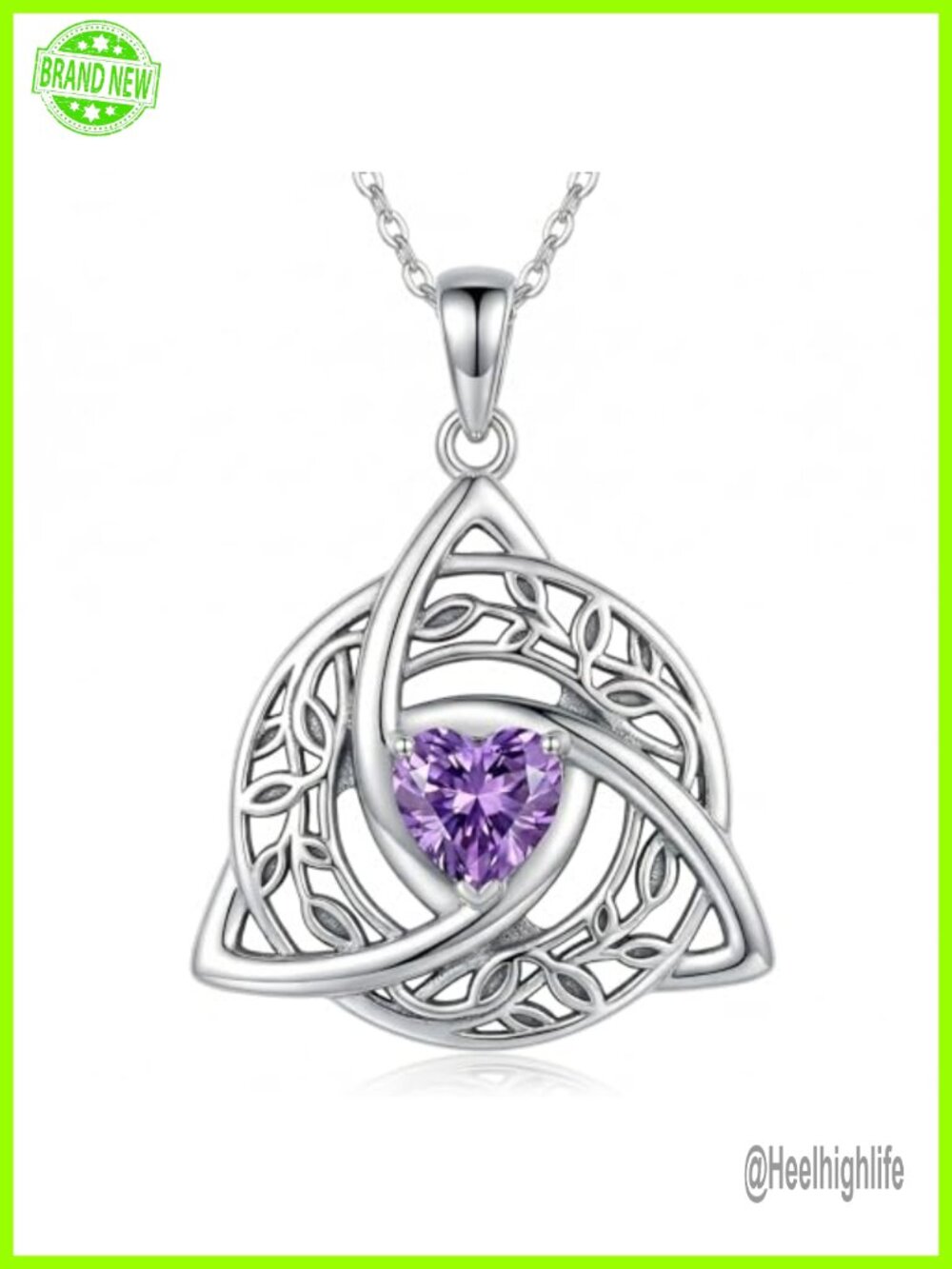 Sterling Silver Celtic Knot Necklace Heart Amethyst Pendant 18in